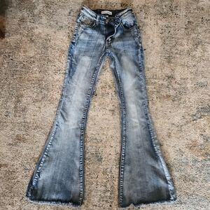 Low-Rise Flared Faded Blue Jeans | Fringed Bell Bottom | Distressed | Size 0